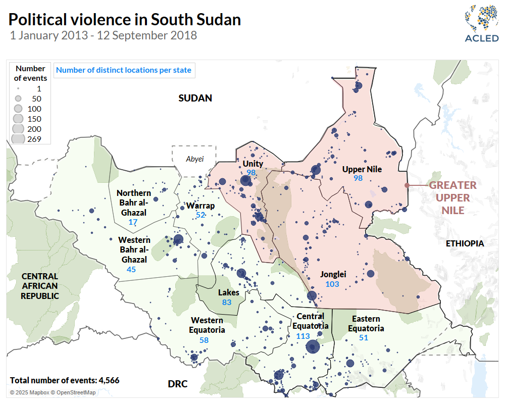 Political violence in South Sudan 1 January 2013 - 12 September 2018 Map - Political violence in South Sudan 1 January 2013 - 12 September 2018
